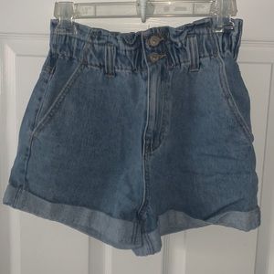 denim paper bag waist shorts